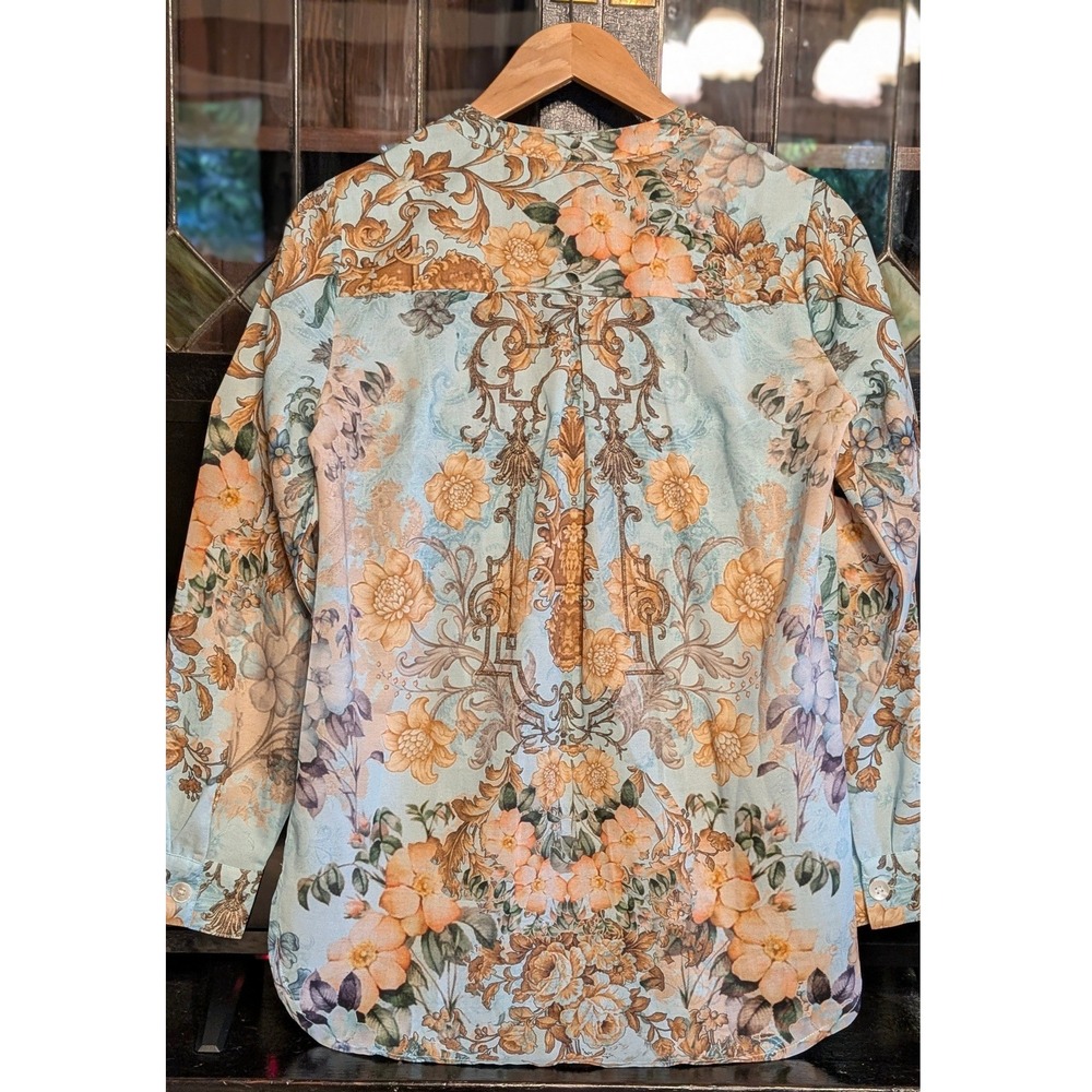 Soft Surroundings Blue Gold Baroque Floral Pintuck Blouse size Small boho - Picture 4 of 11